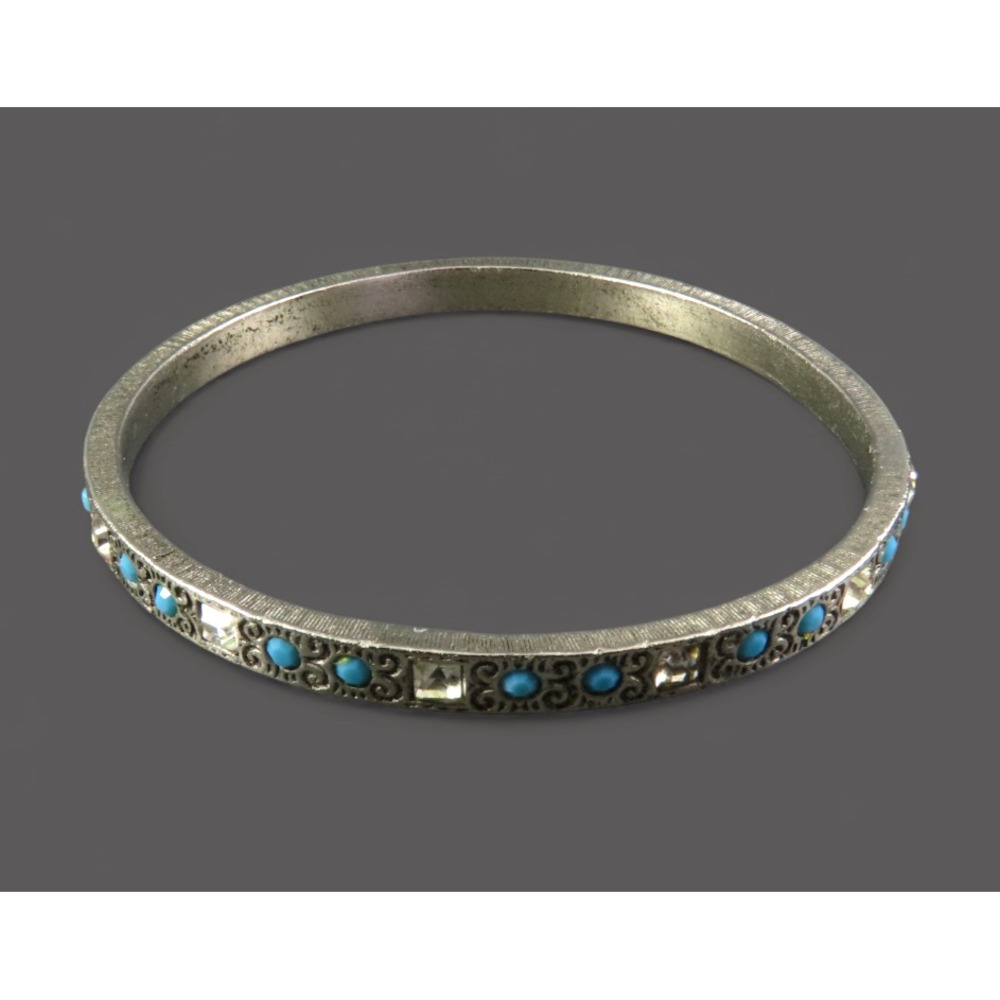 VTG TOMMASSINI Silver Tone Bangle Bracelet FAUX TURQUOISE STONES Carved Scrolls